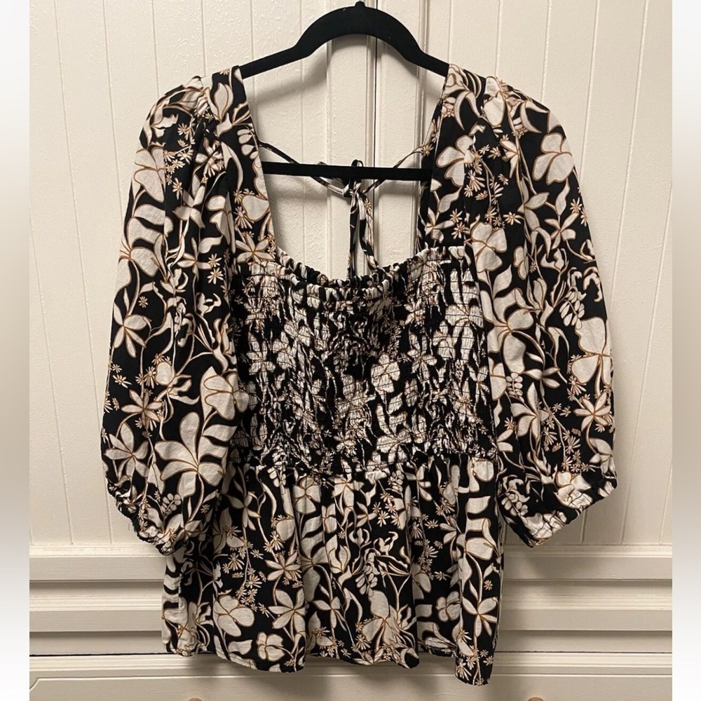 Ava & Viv 1x Black Floral Peplum Shirt With Puff Elbow Sleeves Stretchy Women’s